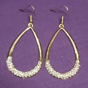 Gold Tone And Clear Rhinestone Accent Teardrop Earrings Long Dangle Glam